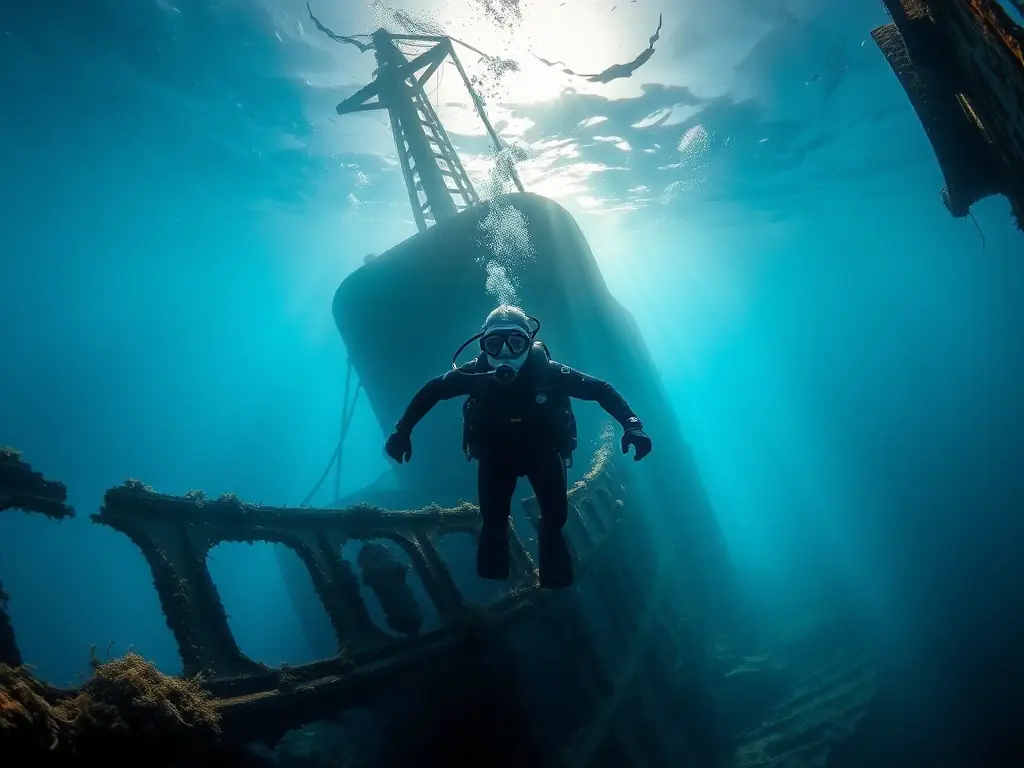 A scuba diver exploring a historic shipwreck, with sunlight filtering through the water, creating an ethereal and mysterious atmosphere. The image should evoke a sense of adventure and discovery.