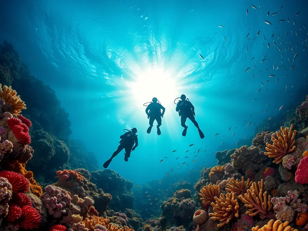 A vibrant underwater scene showing divers exploring coral reefs teeming with marine life, showcasing the beauty and biodiversity of the ocean depths during a guided tour.
