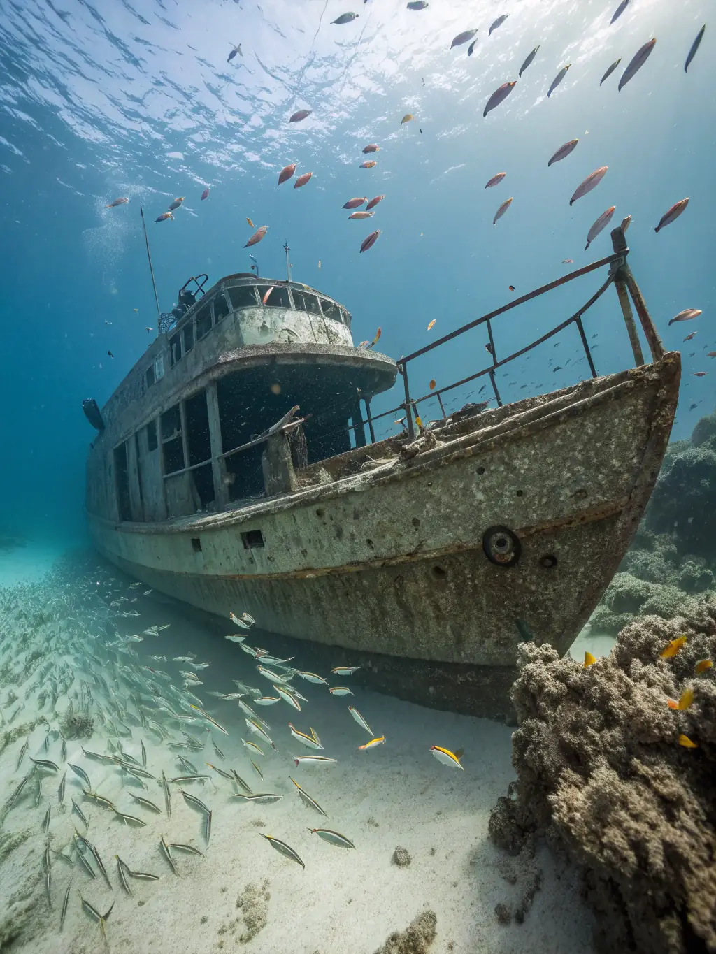 An underwater shot of divers exploring a shipwreck in the Caribbean, showcasing the historical and adventurous aspects of wreck diving.