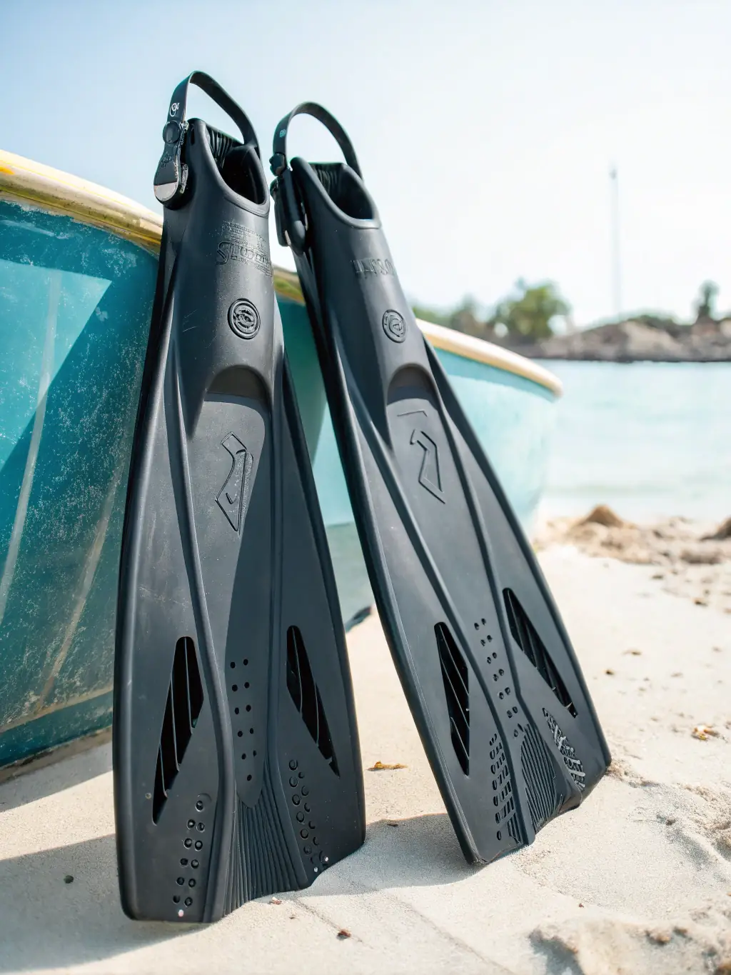 A pair of high-visibility diving fins, demonstrating their hydrodynamic design for efficient propulsion and maneuverability in the water.