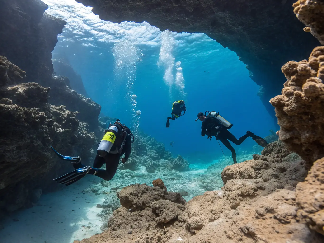 A group of scuba divers descending into a deep blue ocean, with clear visibility and sunlight creating dramatic rays of light. The image should convey a sense of depth and the thrill of deep-sea diving.