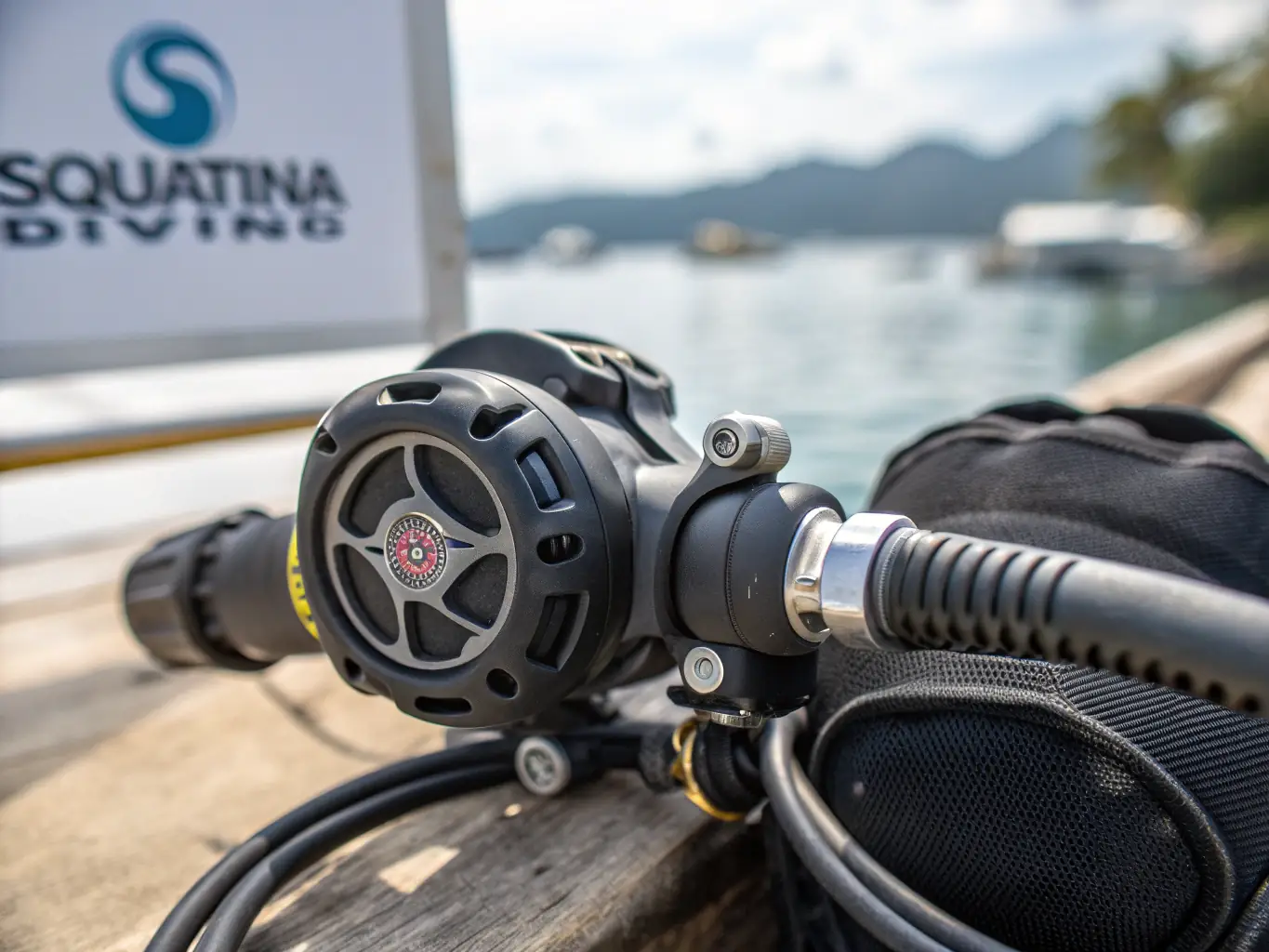 A high-resolution image of a scuba diving regulator set, including the first stage, second stage, and octopus, neatly arranged on a clean surface, highlighting its key features and components.