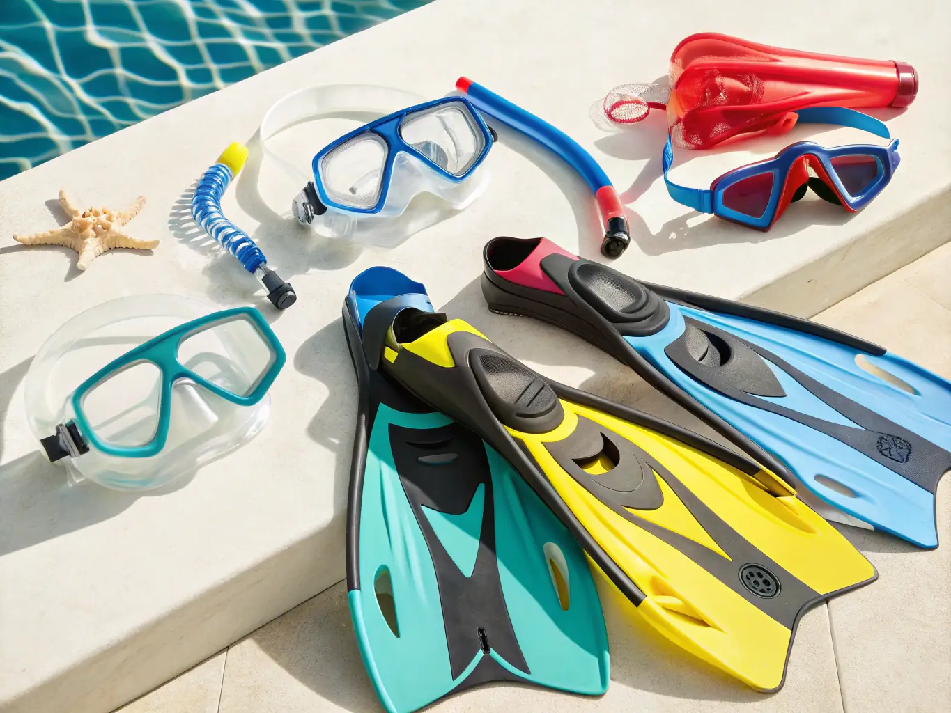 An image of a pair of high-quality diving fins, highlighting their design for efficient propulsion and comfort, placed next to a diving mask and snorkel, suggesting a complete snorkeling or diving setup.