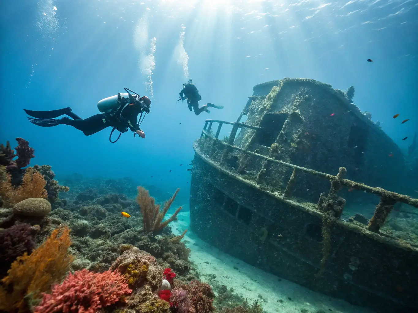 A professional image of a diver in full technical gear exploring a wreck, highlighting the challenges and rewards of technical diving.