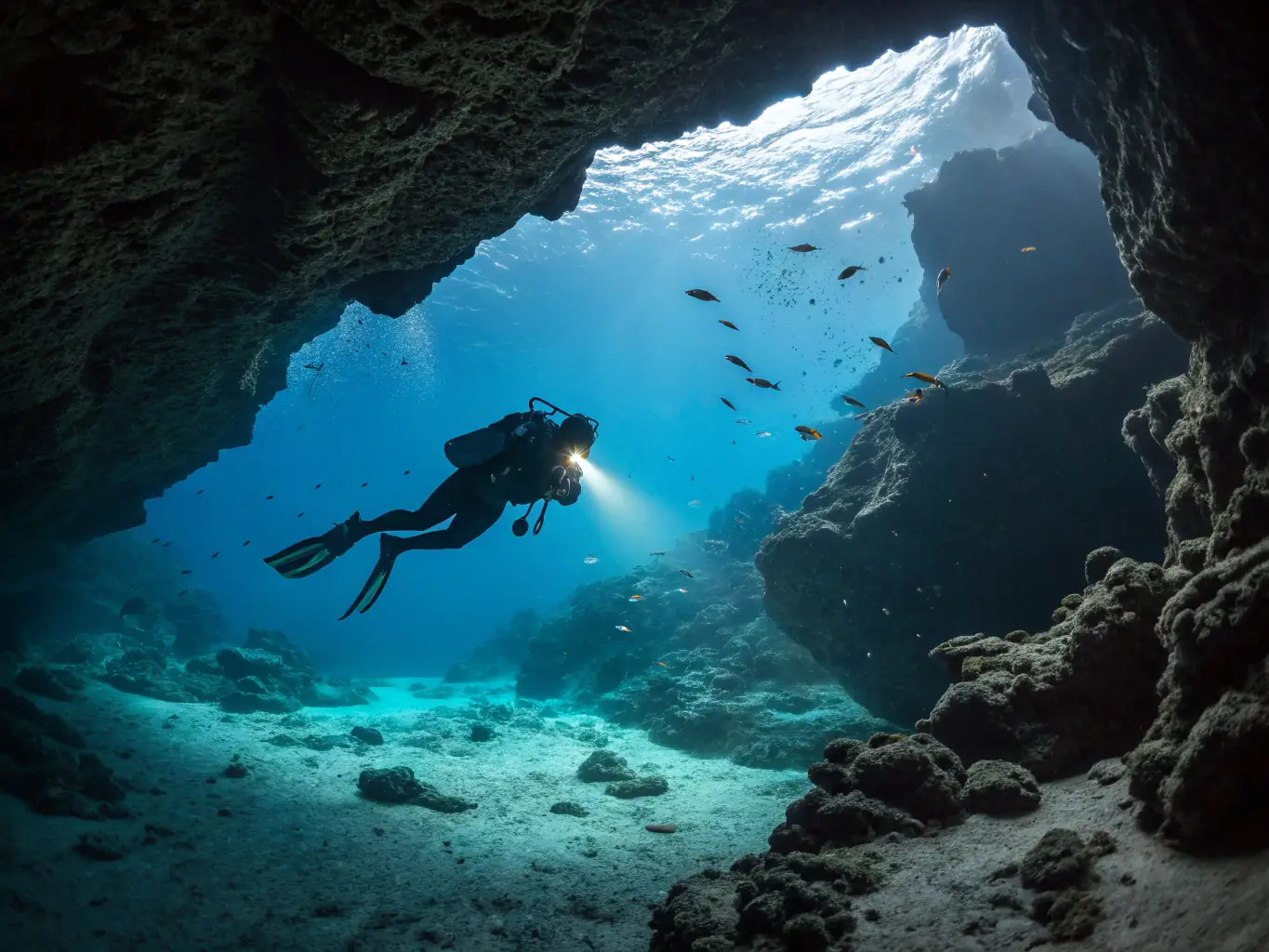 A group of divers descending into a clear blue underwater cave, highlighting the thrill and adventure of exploring unique dive sites with Ocean Depths Scuba.