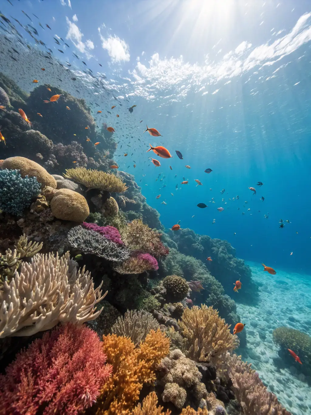 A photograph of divers exploring the Great Barrier Reef, showcasing vibrant coral and diverse marine life, emphasizing the beauty of the underwater world.