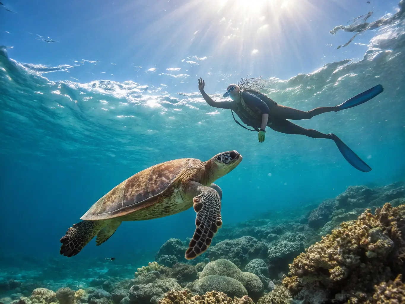 A diver swimming alongside a majestic sea turtle in crystal-clear waters, emphasizing the opportunity to encounter incredible marine creatures on Ocean Depths Scuba's guided tours.