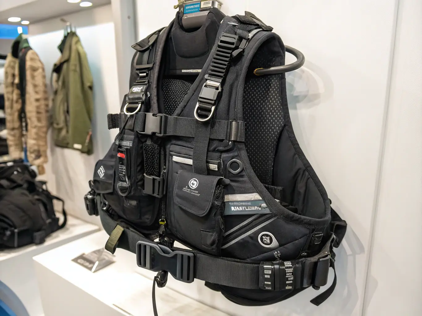 A detailed photograph of a buoyancy compensator (BCD), showcasing its adjustable straps, integrated weight system, and inflation/deflation valves, set against a backdrop of diving equipment.