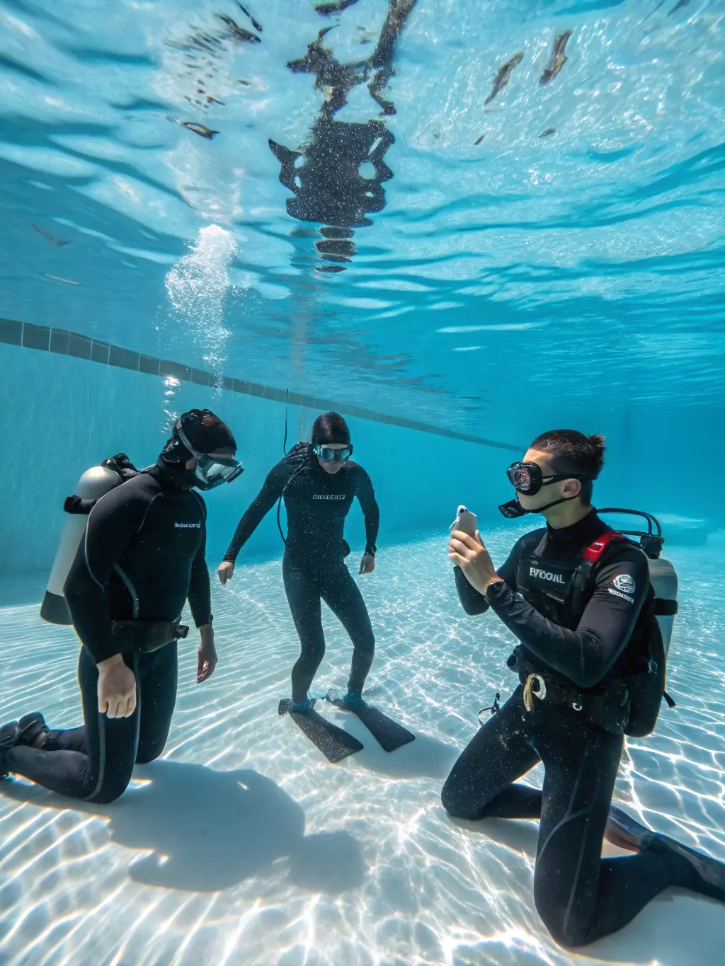 A group of student divers practicing buoyancy control in a clear, shallow pool during their Open Water Diver course.