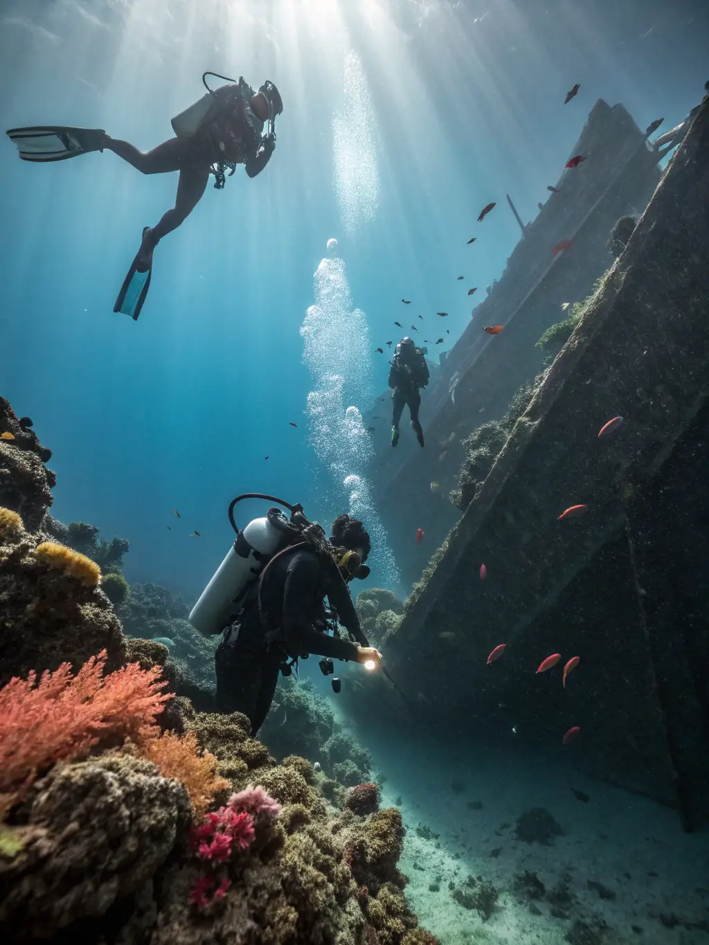 An Advanced Open Water Diver student navigating a wreck dive, using underwater lights to explore the interior.