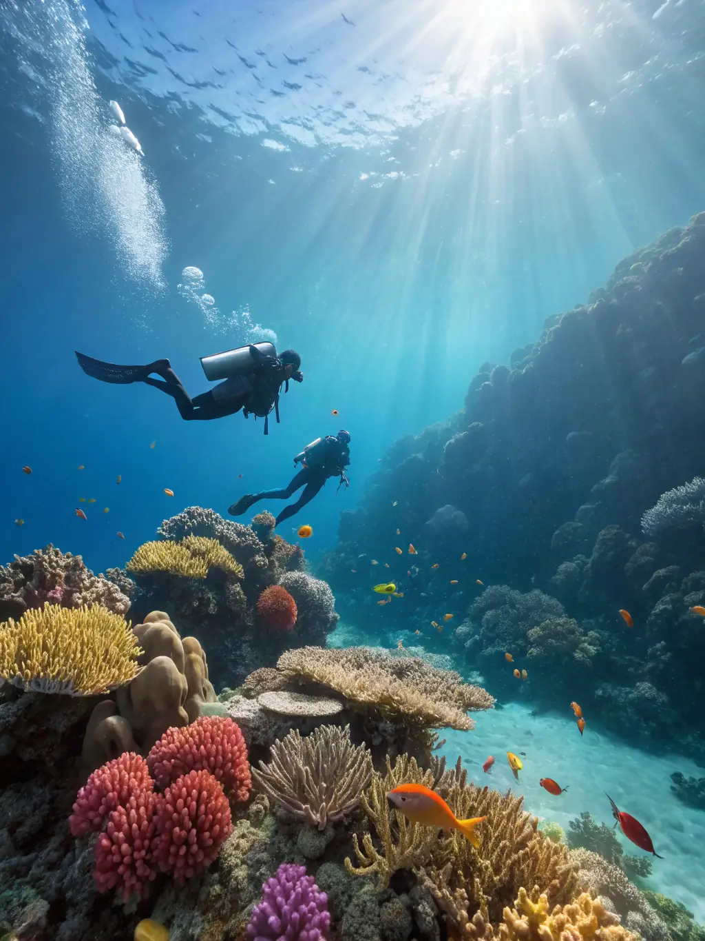 A Divemaster candidate guiding a group of certified divers on a tour of a vibrant coral reef.