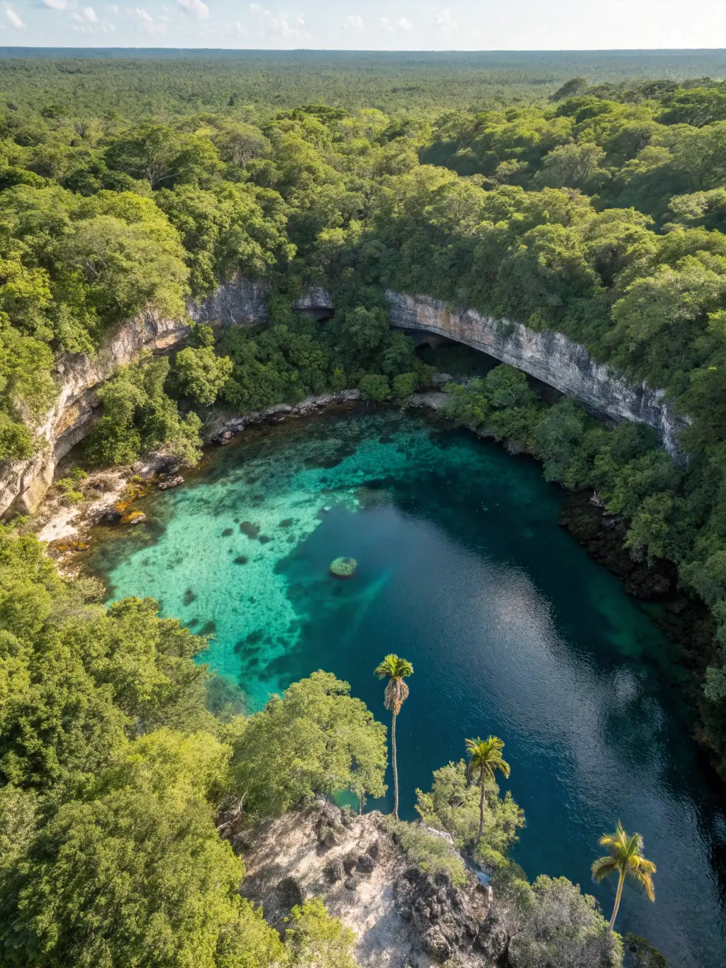 An image of divers swimming through a cenote in Mexico, highlighting the unique geological formations and crystal-clear waters.