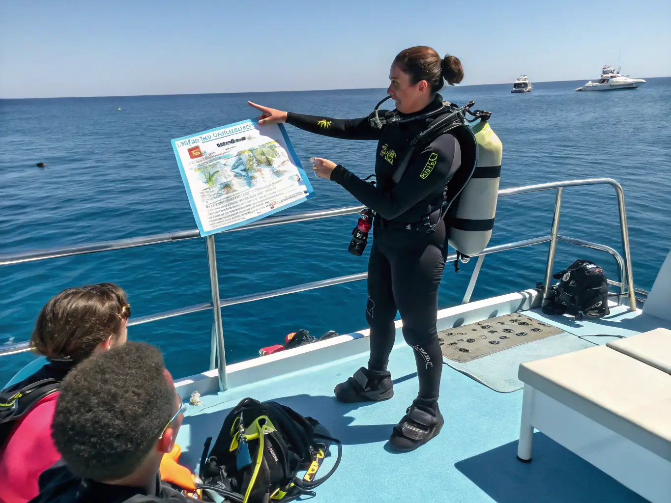 A focused image of an instructor demonstrating underwater navigation techniques to a student during the Advanced Open Water Diver course.